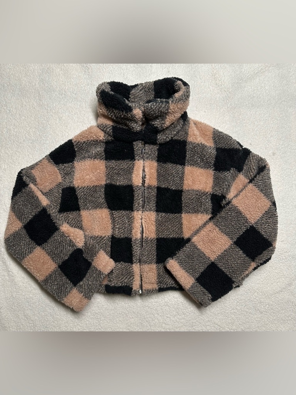 SHEIN Black & Tan Check Sherpa Zip-Up Jacket